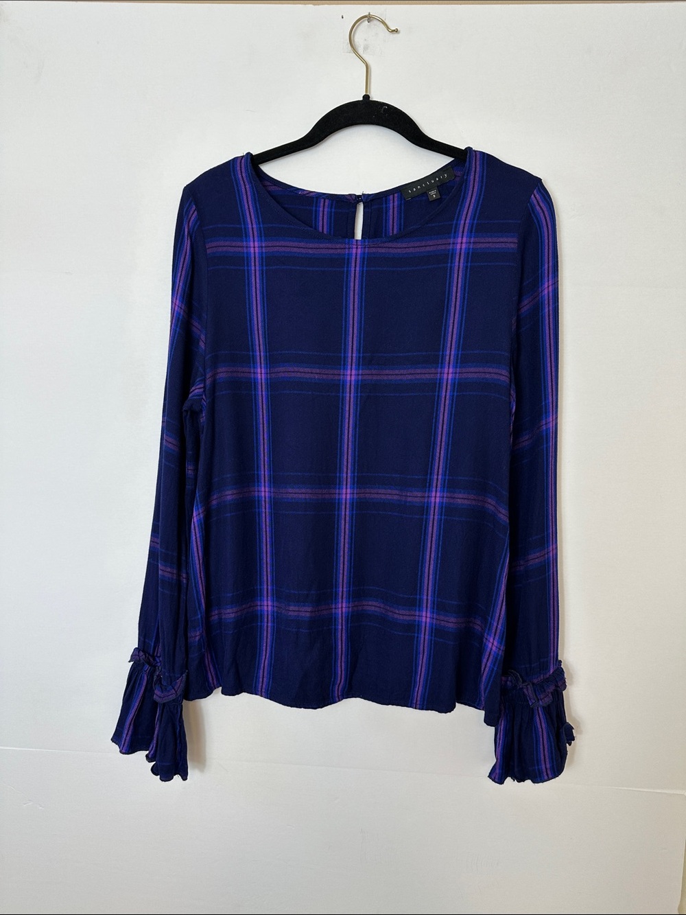 Sanctuary Navy & Purple Plaid Ruffle-Cuff Blouse